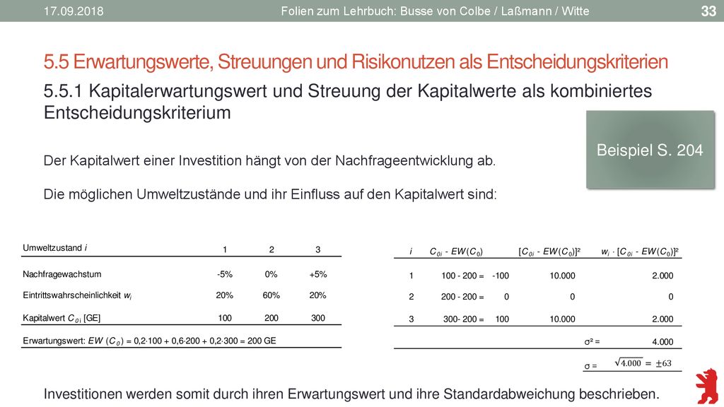 Folien zum Lehrbuch: Busse von Colbe / Laßmann / Witte. 5.5 Erwartungswerte, Streuungen und Risikonutzen als Entscheidungskriterien.