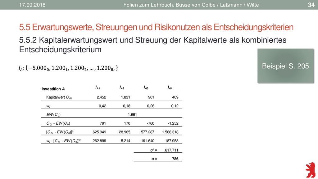 Folien zum Lehrbuch: Busse von Colbe / Laßmann / Witte. 5.5 Erwartungswerte, Streuungen und Risikonutzen als Entscheidungskriterien.