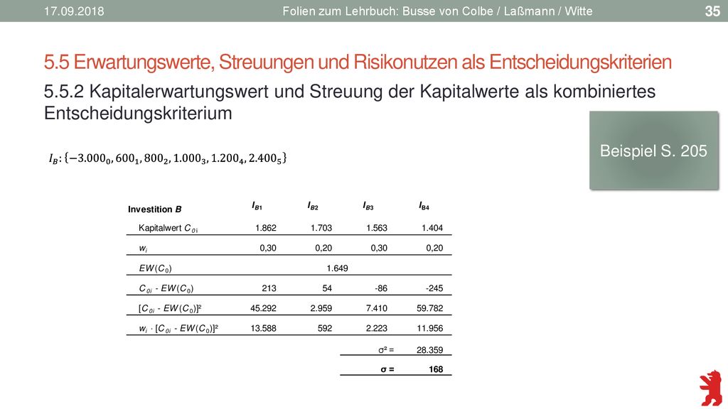 Folien zum Lehrbuch: Busse von Colbe / Laßmann / Witte. 5.5 Erwartungswerte, Streuungen und Risikonutzen als Entscheidungskriterien.
