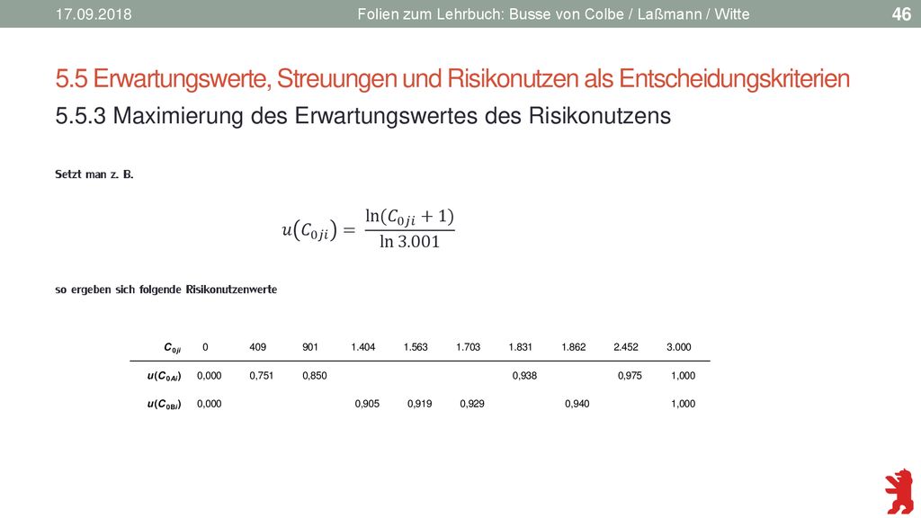 Folien zum Lehrbuch: Busse von Colbe / Laßmann / Witte. 5.5 Erwartungswerte, Streuungen und Risikonutzen als Entscheidungskriterien.