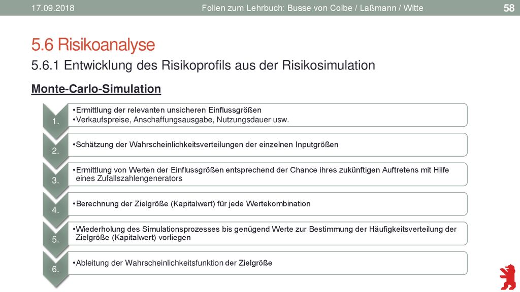 Folien zum Lehrbuch: Busse von Colbe / Laßmann / Witte. 5.6 Risikoanalyse Entwicklung des Risikoprofils aus der Risikosimulation.