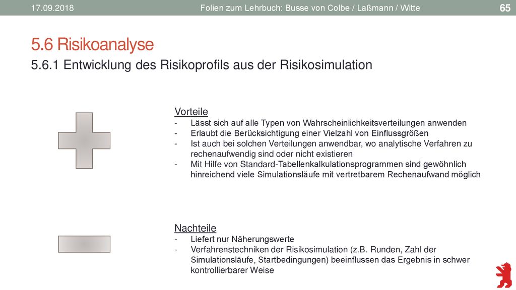 Folien zum Lehrbuch: Busse von Colbe / Laßmann / Witte. 5.6 Risikoanalyse Entwicklung des Risikoprofils aus der Risikosimulation.