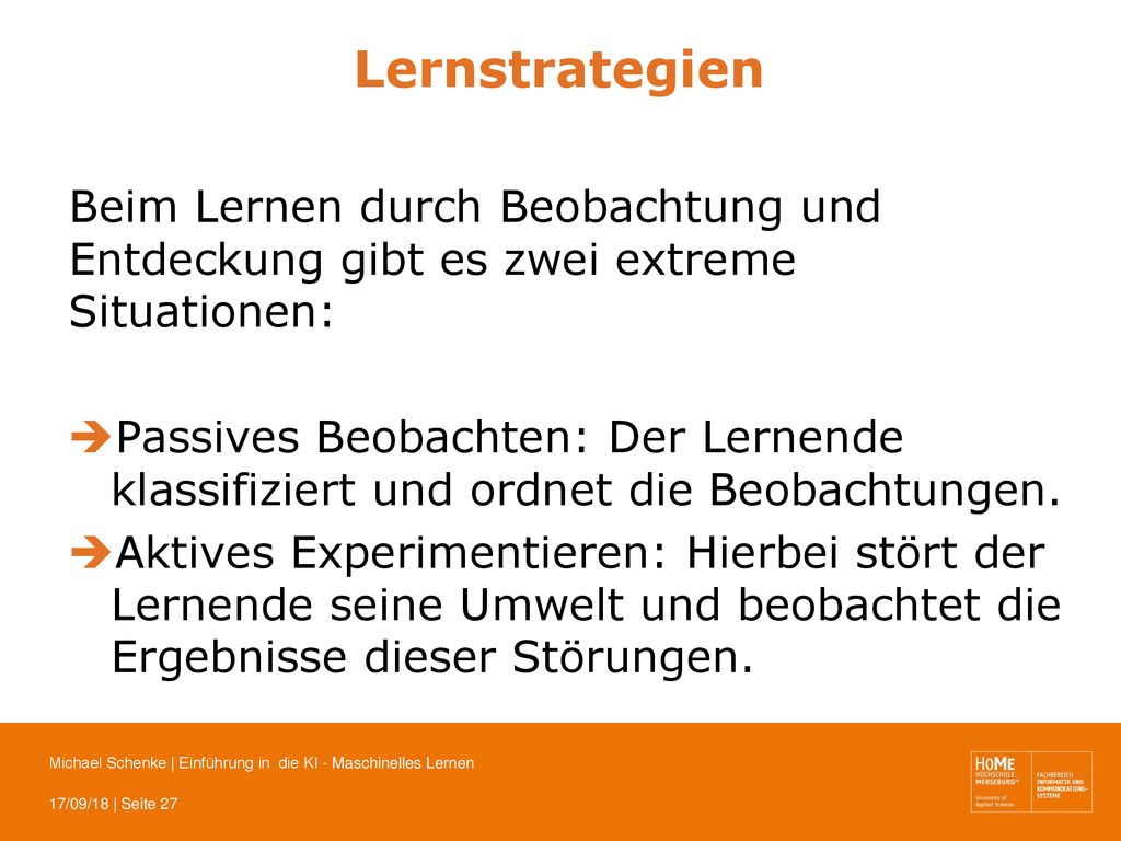 Lernstrategien Beim Lernen durch Beobachtung und Entdeckung gibt es zwei extreme Situationen: