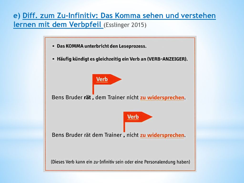 e) Diff. zum Zu-Infinitiv: Das Komma sehen und verstehen lernen mit dem Verbpfeil (Esslinger 2015)