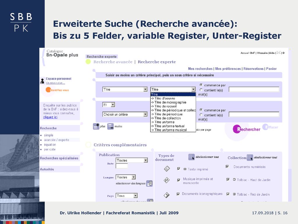 Erweiterte Suche (Recherche avancée): Bis zu 5 Felder, variable Register, Unter-Register