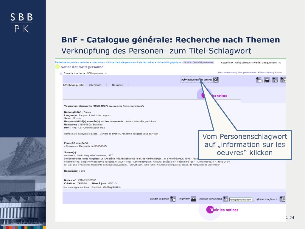 Vom Personenschlagwort auf „information sur les oeuvres klicken