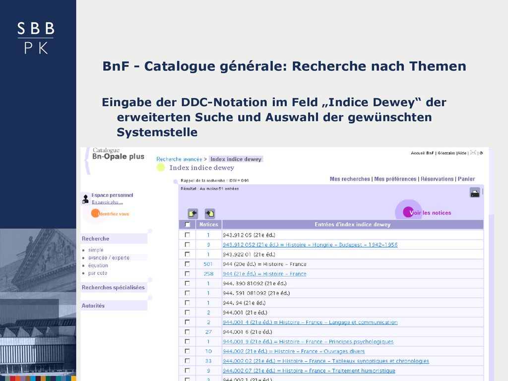 BnF - Catalogue générale: Recherche nach Themen
