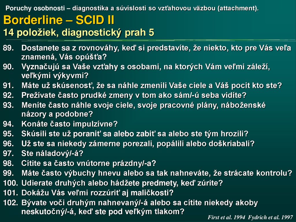 Borderline – SCID II 14 položiek, diagnostický prah 5