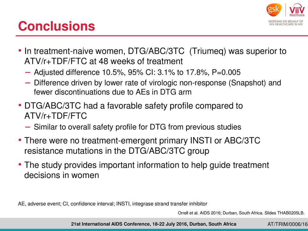 Conclusions In treatment-naive women, DTG/ABC/3TC (Triumeq) was superior to ATV/r+TDF/FTC at 48 weeks of treatment.