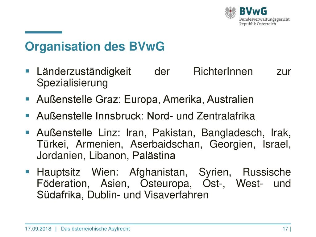 Organisation des BVwG Länderzuständigkeit der RichterInnen zur Spezialisierung. Außenstelle Graz: Europa, Amerika, Australien.