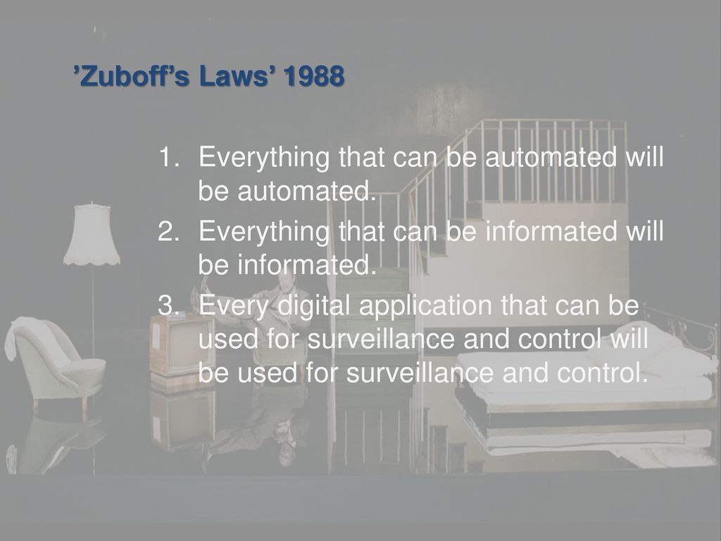 ’Zuboff’s Laws’ 1988 Everything that can be automated will be automated. Everything that can be informated will be informated.