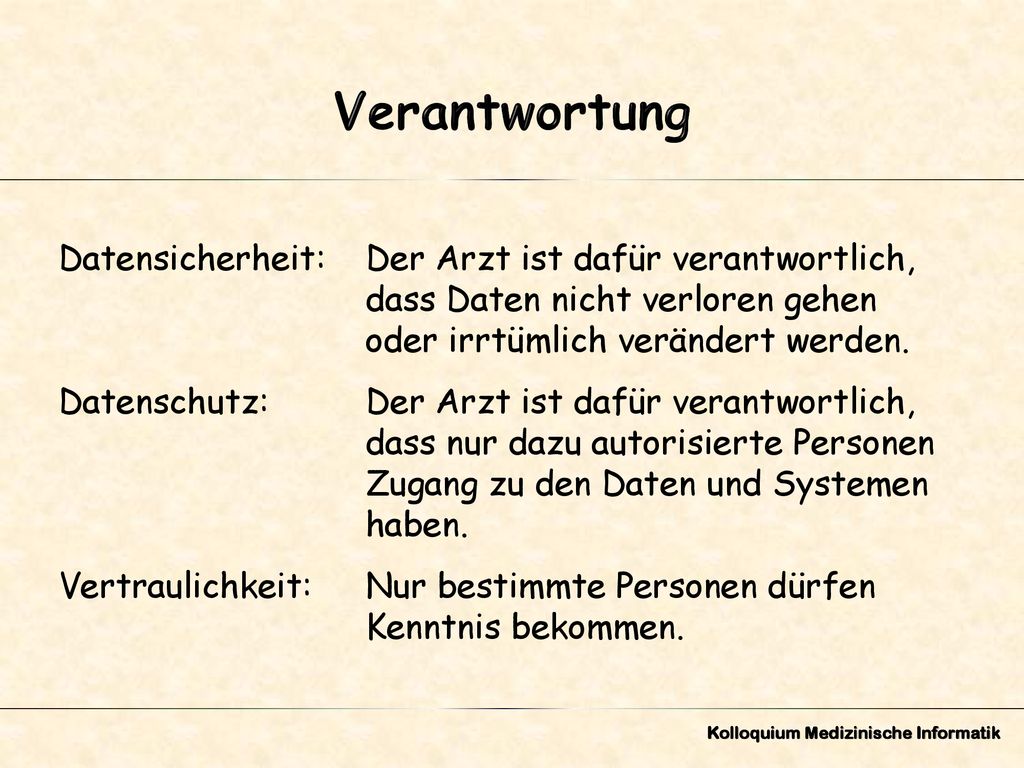 Verantwortung Datensicherheit: Der Arzt ist dafür verantwortlich, dass Daten nicht verloren gehen oder irrtümlich verändert werden.