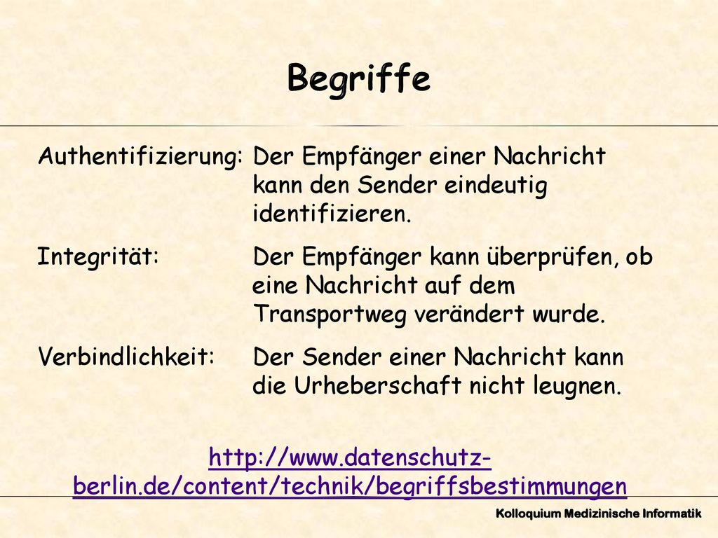 Begriffe Authentifizierung: Der Empfänger einer Nachricht kann den Sender eindeutig identifizieren.