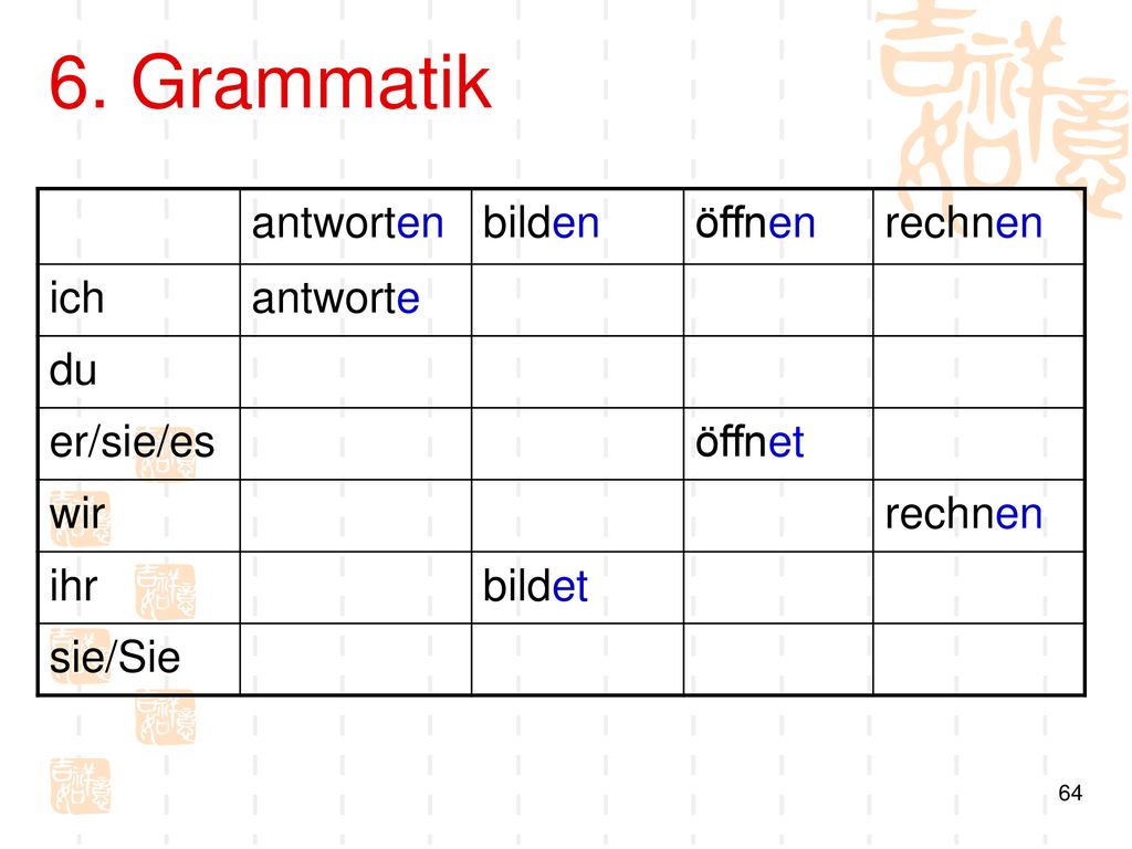 6. Grammatik antworten bilden öffnen rechnen ich antworte du er/sie/es