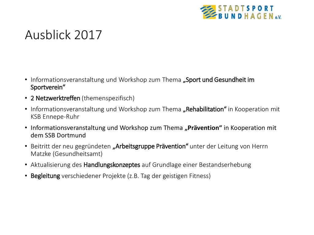 Ausblick 2017 Informationsveranstaltung und Workshop zum Thema „Sport und Gesundheit im Sportverein