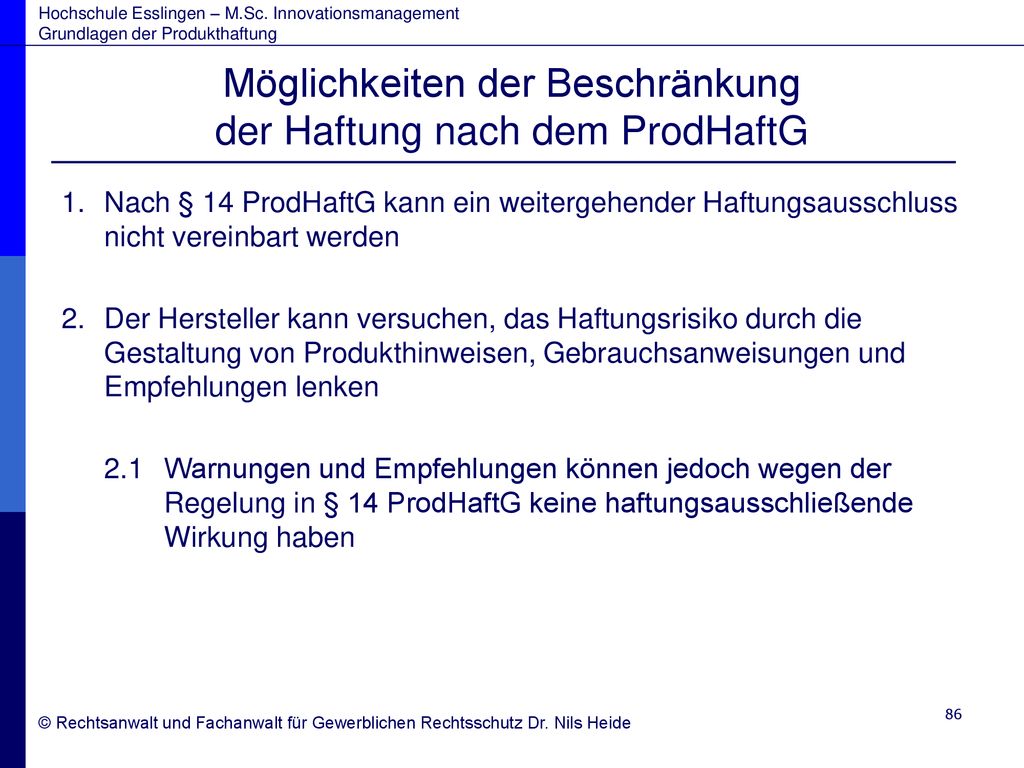 Möglichkeiten der Beschränkung der Haftung nach dem ProdHaftG