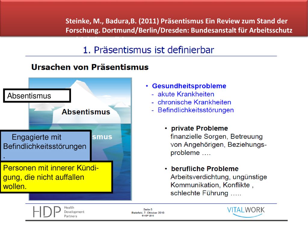 Steinke, M., Badura,B. (2011) Präsentismus Ein Review zum Stand der Forschung. Dortmund/Berlin/Dresden: Bundesanstalt für Arbeitsschutz und Arbeitsmedizin