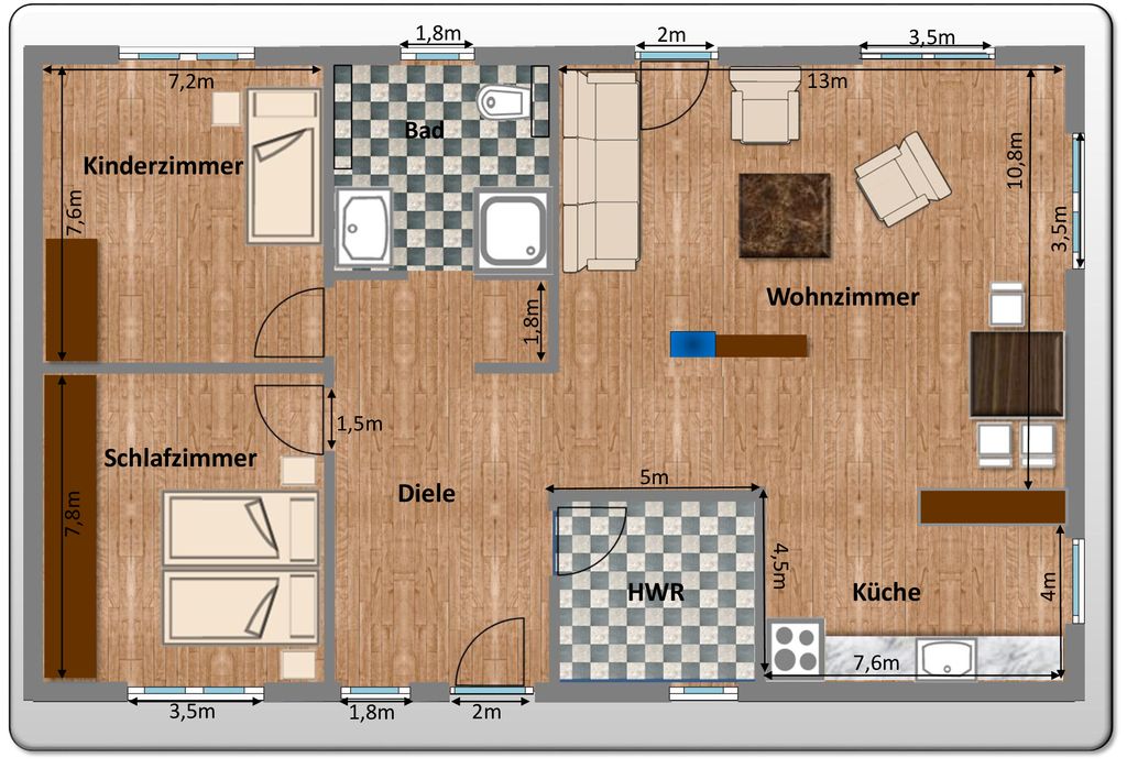 Kinderzimmer Wohnzimmer Schlafzimmer Diele HWR Küche Bad 1,8m 2m 3,5m
