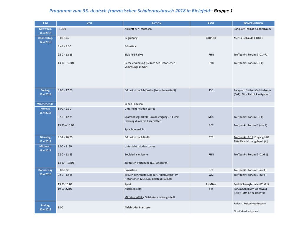 Programm zum 35. deutsch-französischen Schüleraustausch 2018 in Bielefeld– Gruppe 1