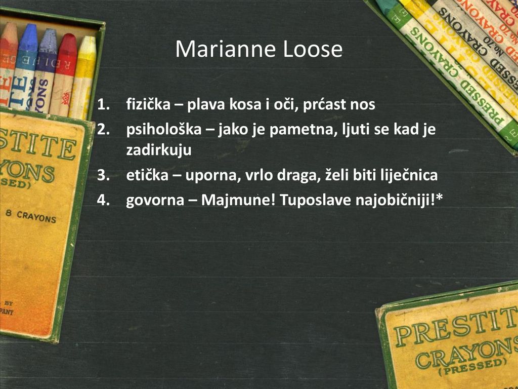 Marianne Loose fizička – plava kosa i oči, prćast nos