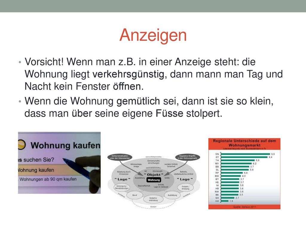 Anzeigen Vorsicht! Wenn man z.B. in einer Anzeige steht: die Wohnung liegt verkehrsgünstig, dann mann man Tag und Nacht kein Fenster öffnen.