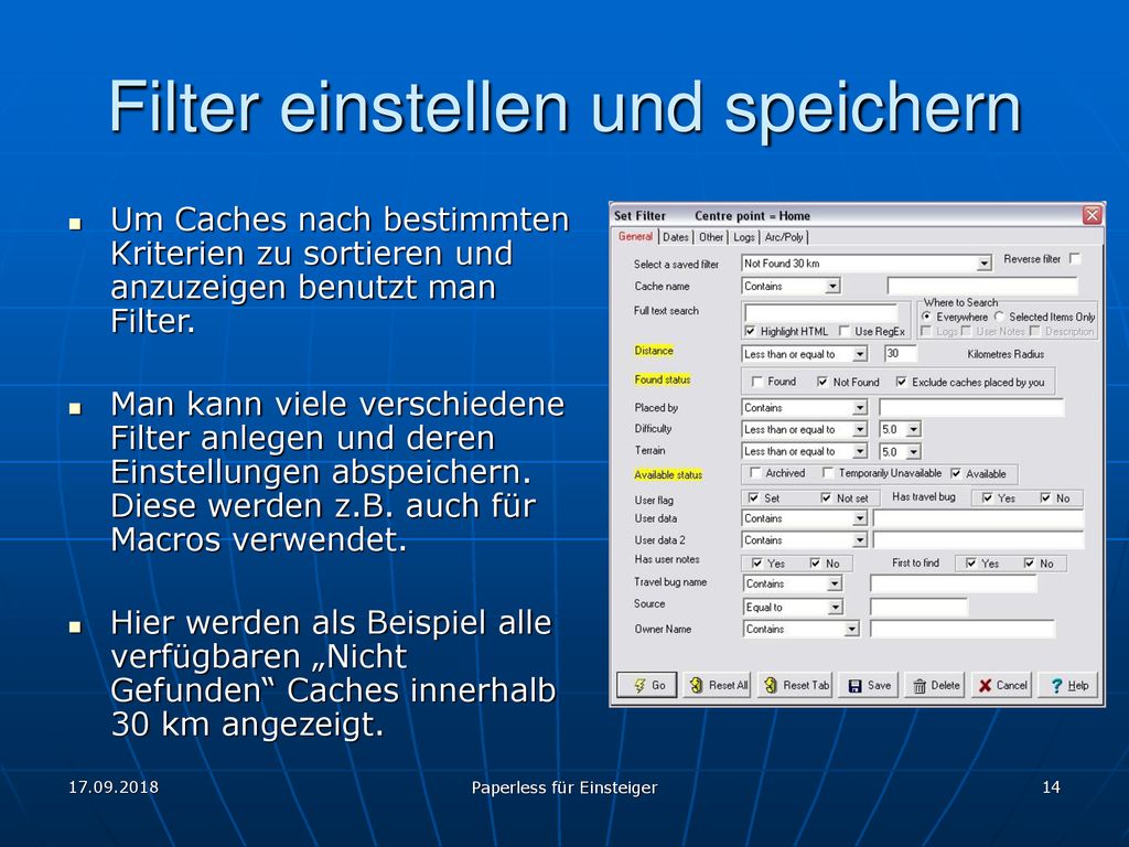 Filter einstellen und speichern