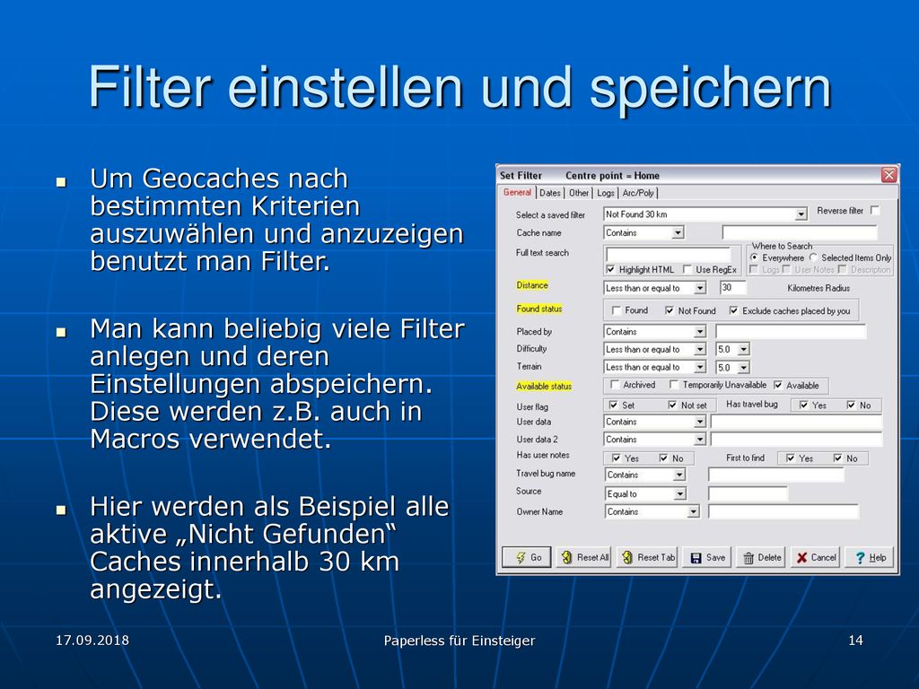 Filter einstellen und speichern