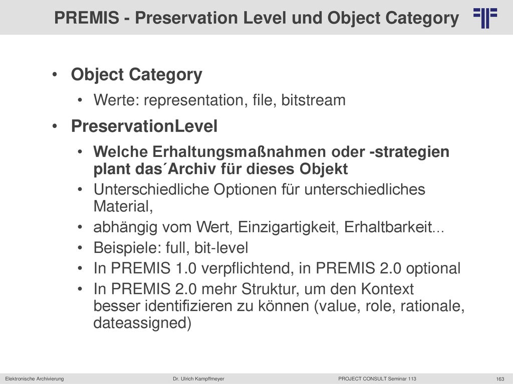 PREMIS - Preservation Level und Object Category