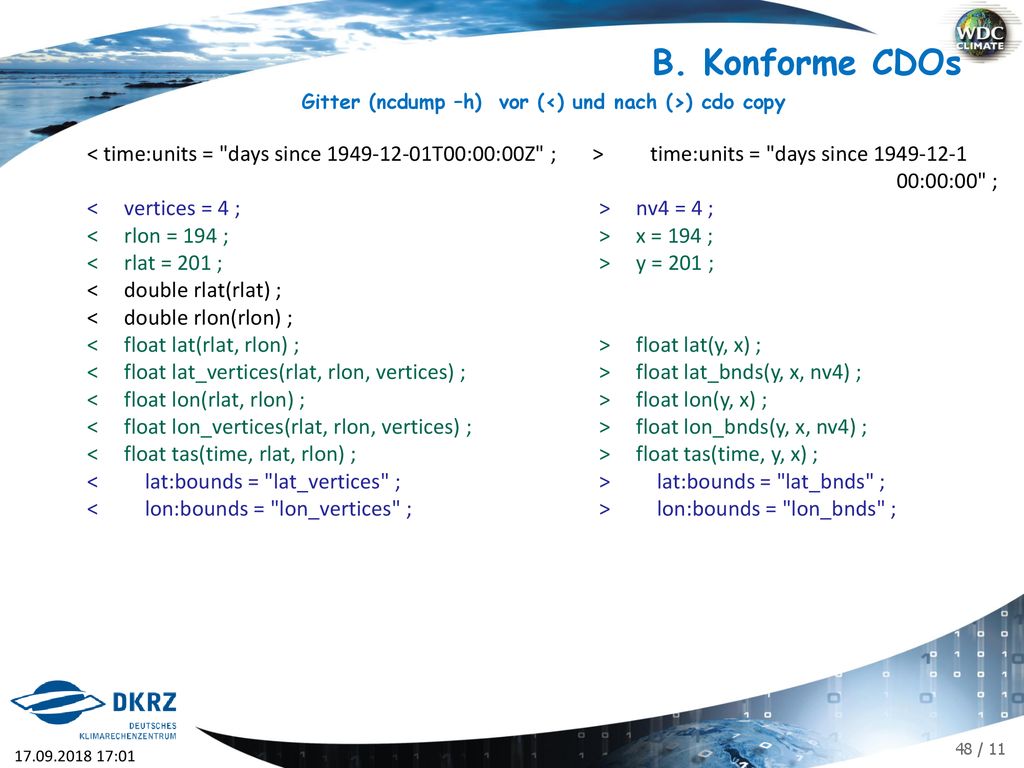 Gitter (ncdump –h) vor (<) und nach (>) cdo copy