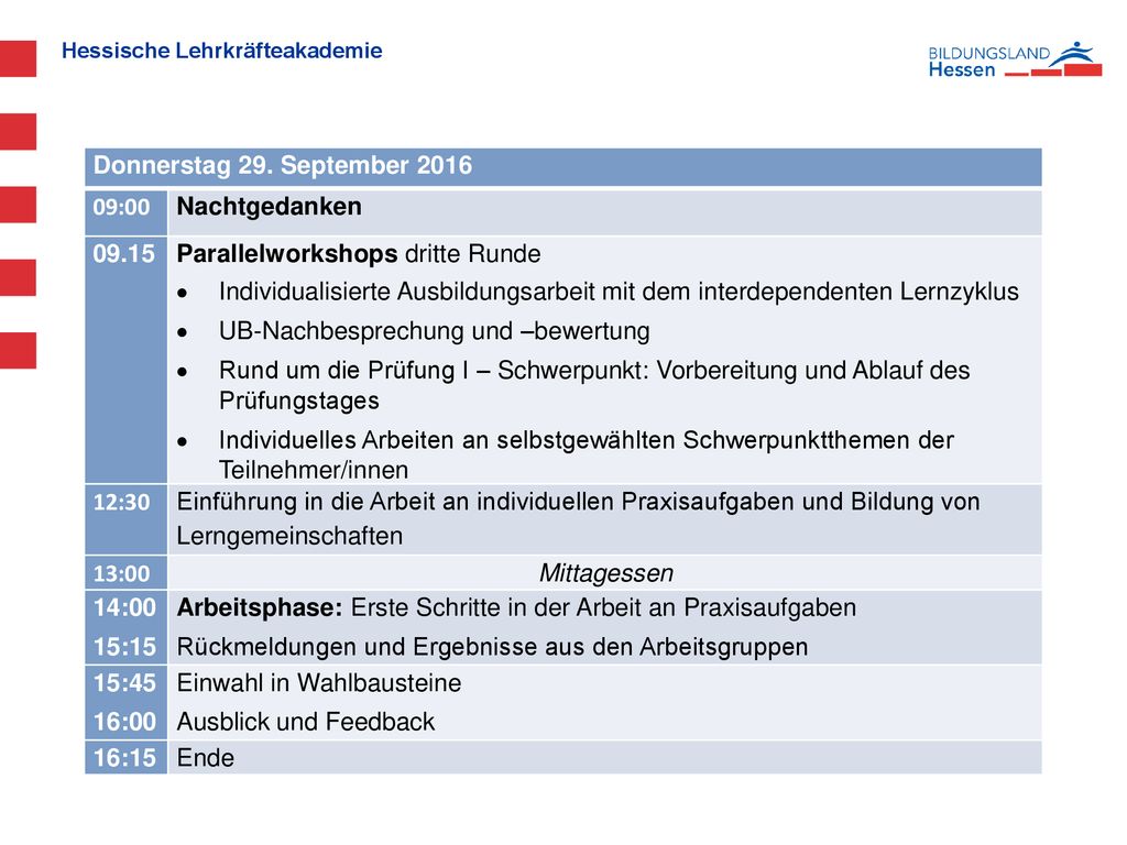 Donnerstag 29. September :00. Nachtgedanken Parallelworkshops dritte Runde.