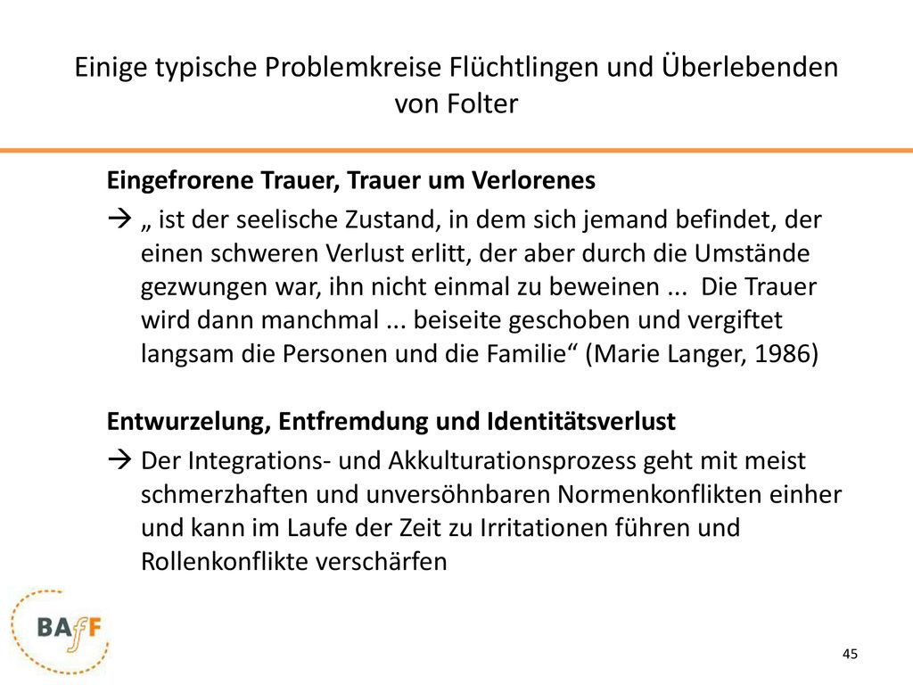 Einige typische Problemkreise Flüchtlingen und Überlebenden von Folter