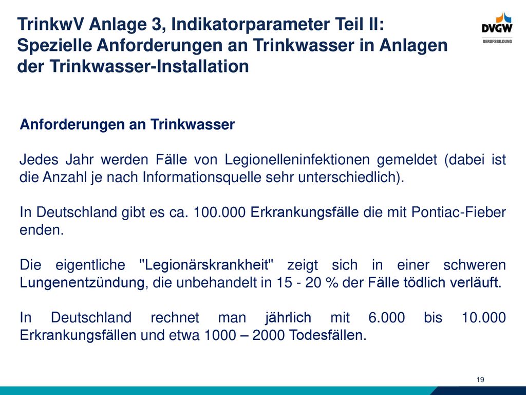 TrinkwV Anlage 3, Indikatorparameter Teil II: Spezielle Anforderungen an Trinkwasser in Anlagen der Trinkwasser-Installation