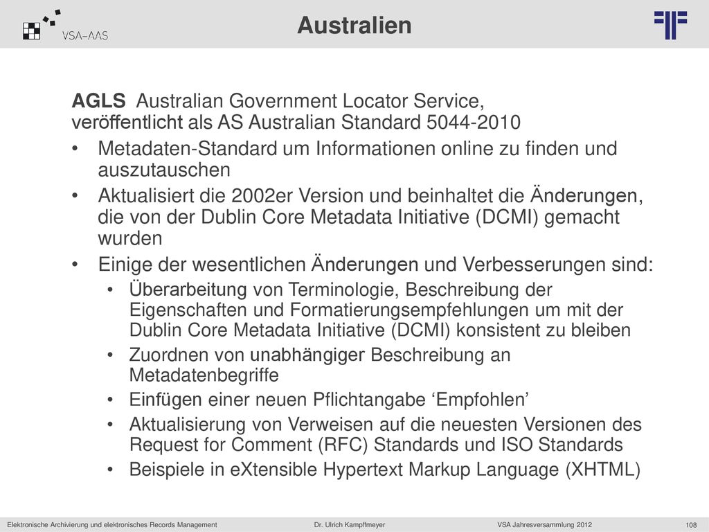 Australien AGLS Australian Government Locator Service, veröffentlicht als AS Australian Standard