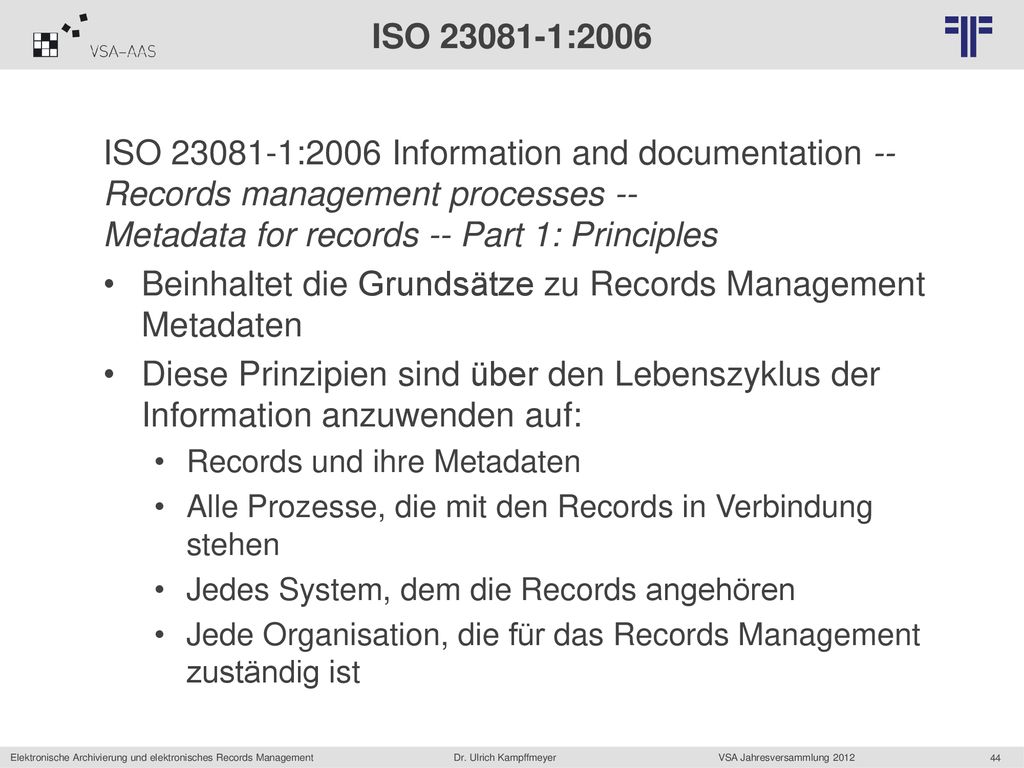 Beinhaltet die Grundsätze zu Records Management Metadaten