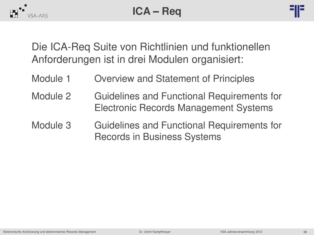 ICA – Req Die ICA-Req Suite von Richtlinien und funktionellen Anforderungen ist in drei Modulen organisiert: