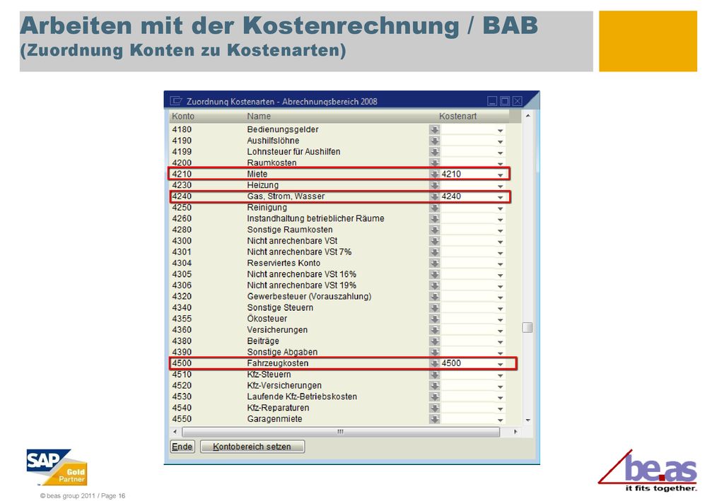 Arbeiten mit der Kostenrechnung / BAB (Zuordnung Konten zu Kostenarten)