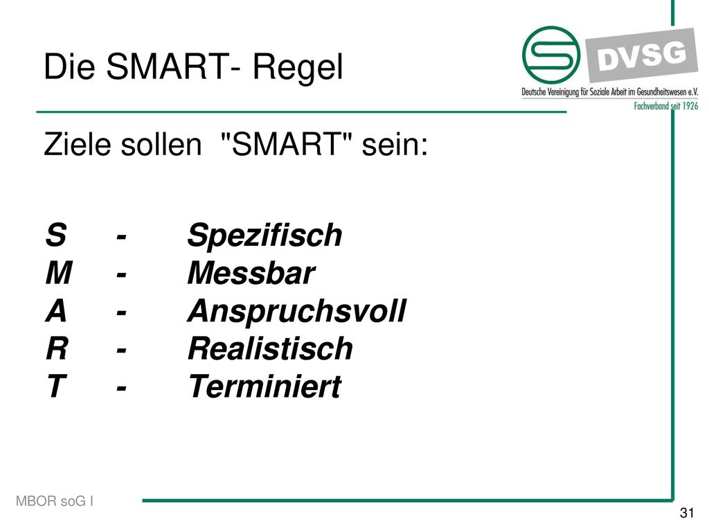 Die SMART- Regel Ziele sollen SMART sein: S - Spezifisch M - Messbar A - Anspruchsvoll R - Realistisch T - Terminiert