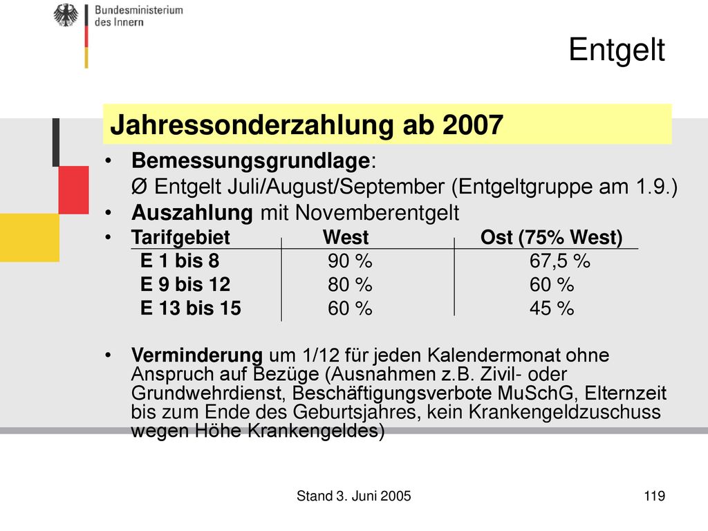 Entgelt Jahressonderzahlung ab 2007 Bemessungsgrundlage: