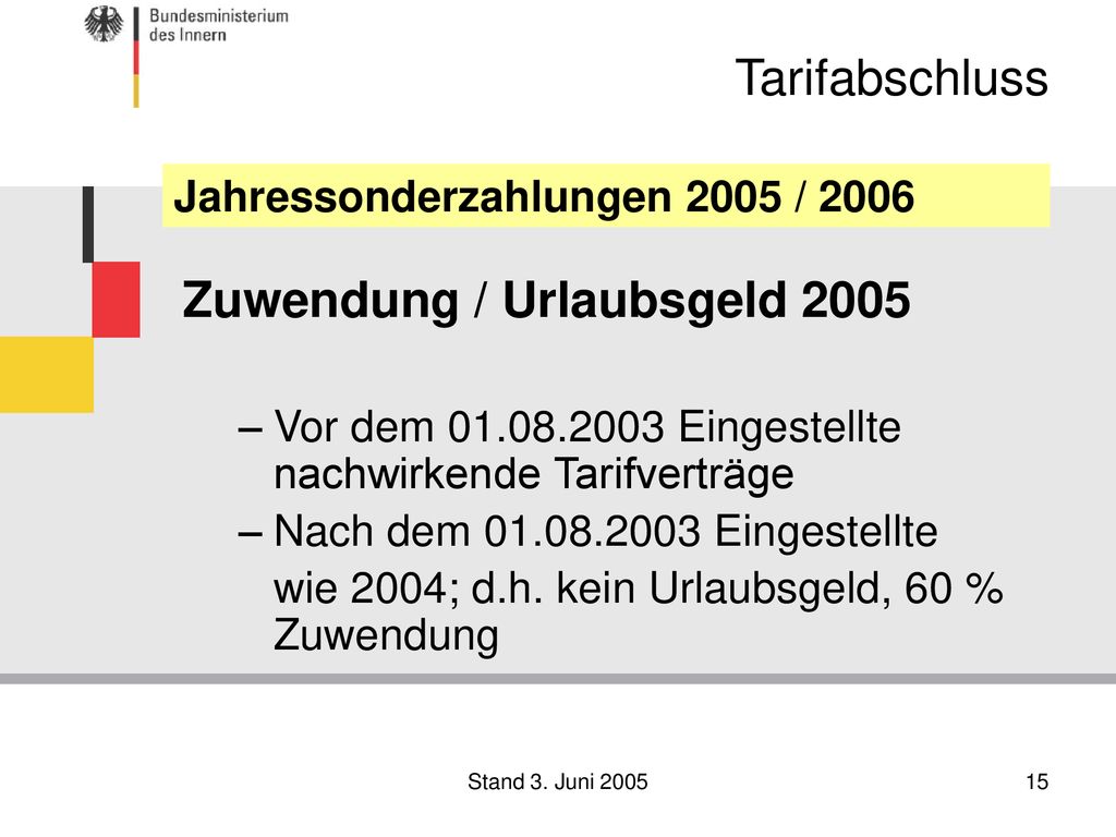 Zuwendung / Urlaubsgeld 2005