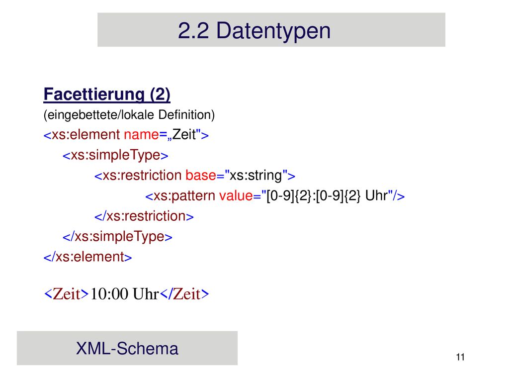 2.2 Datentypen Facettierung (2) <Zeit>10:00 Uhr</Zeit>
