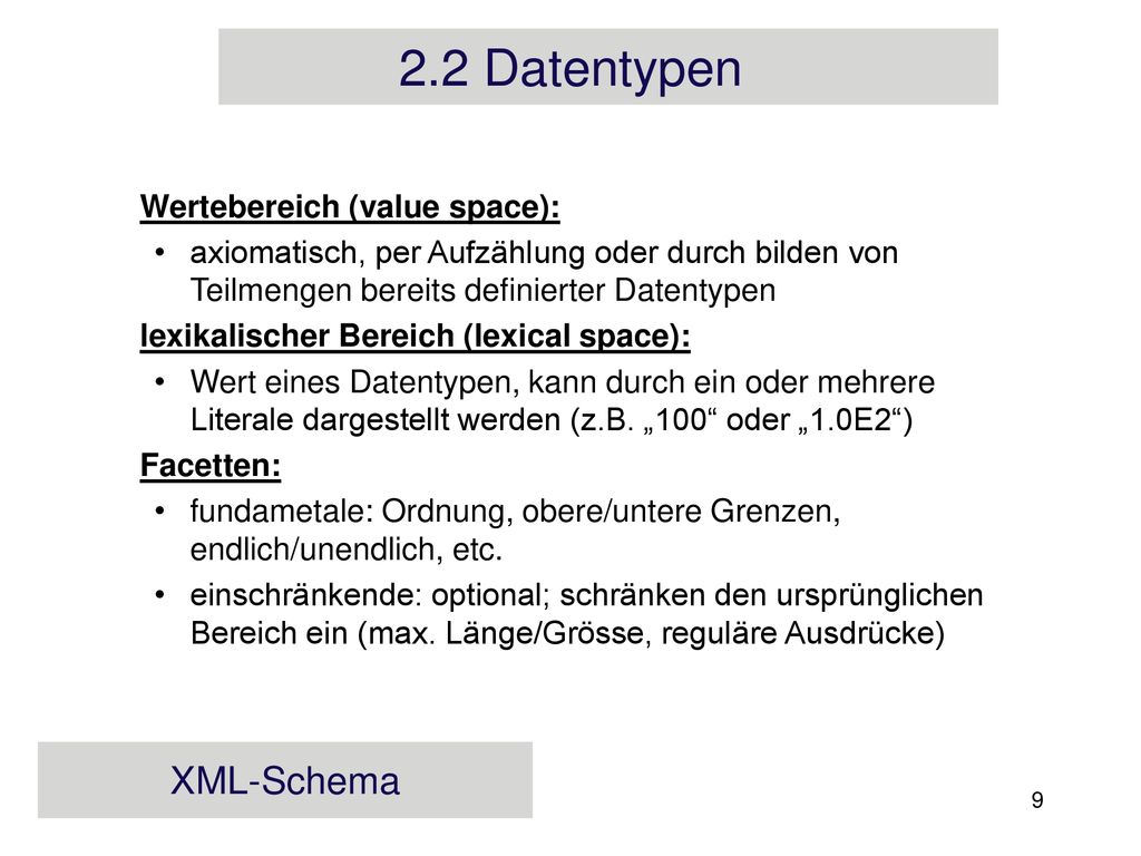 2.2 Datentypen XML-Schema Wertebereich (value space):