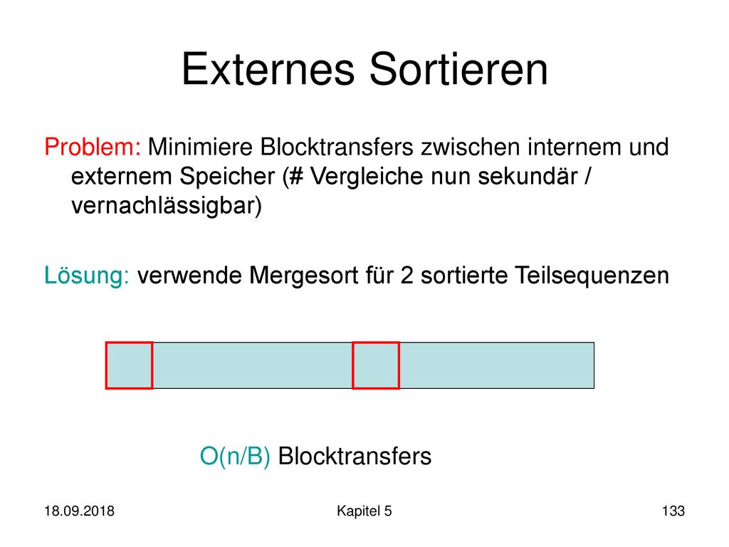 Externes Sortieren Problem: Minimiere Blocktransfers zwischen internem und externem Speicher (# Vergleiche nun sekundär / vernachlässigbar)