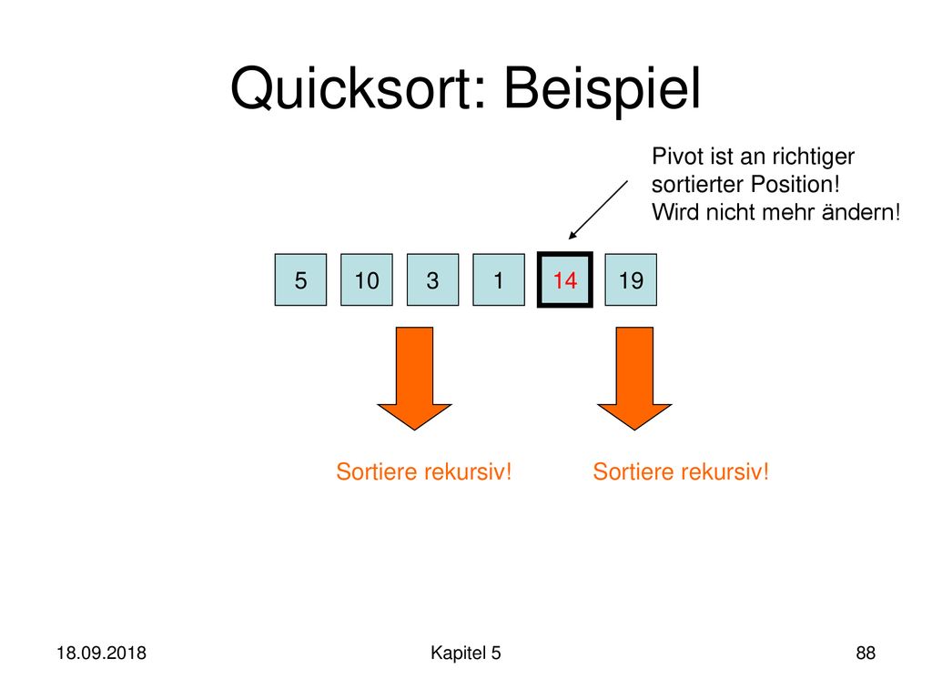 Quicksort: Beispiel Pivot ist an richtiger sortierter Position!