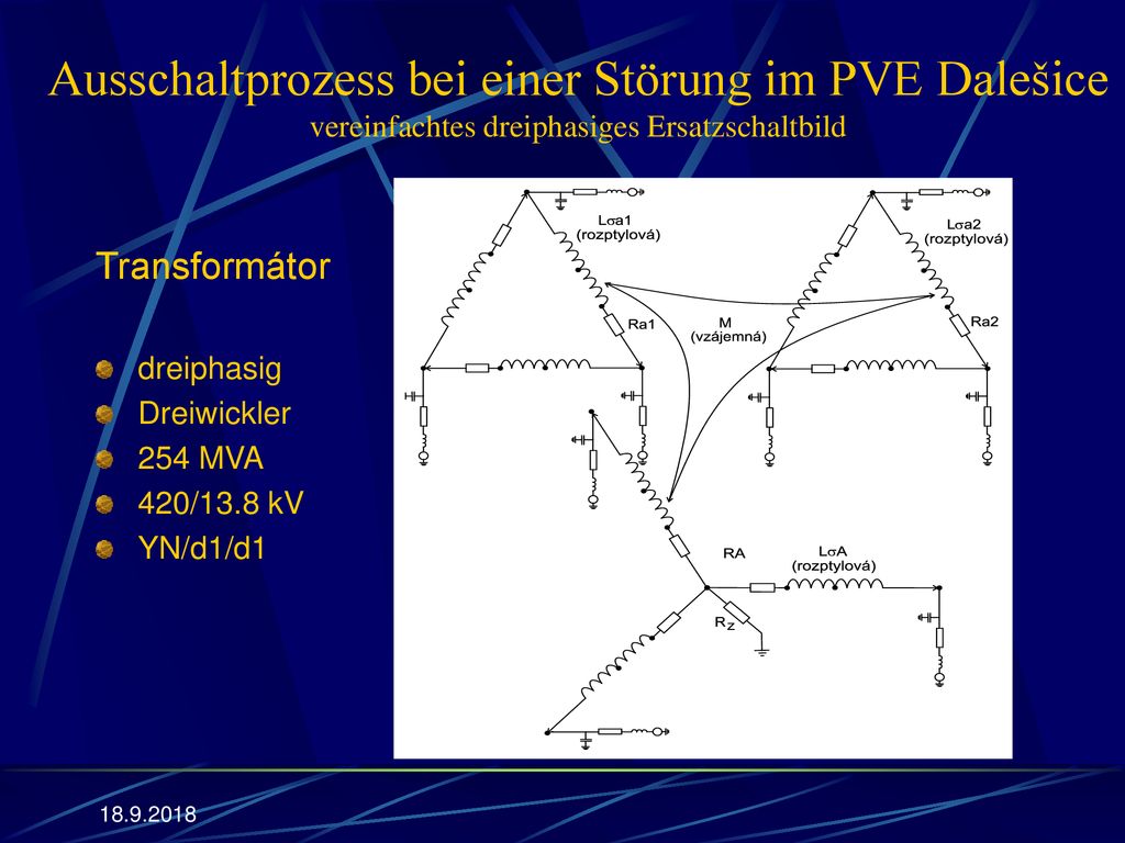 Ausschaltprozess bei einer Störung im PVE Dalešice vereinfachtes dreiphasiges Ersatzschaltbild