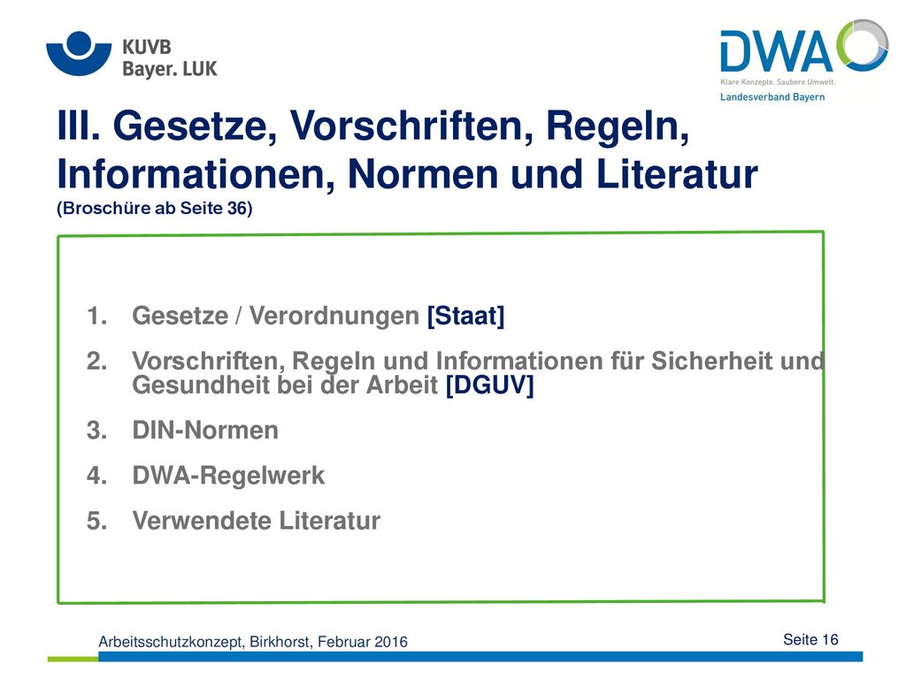 III. Gesetze, Vorschriften, Regeln, Informationen, Normen und Literatur (Broschüre ab Seite 36)