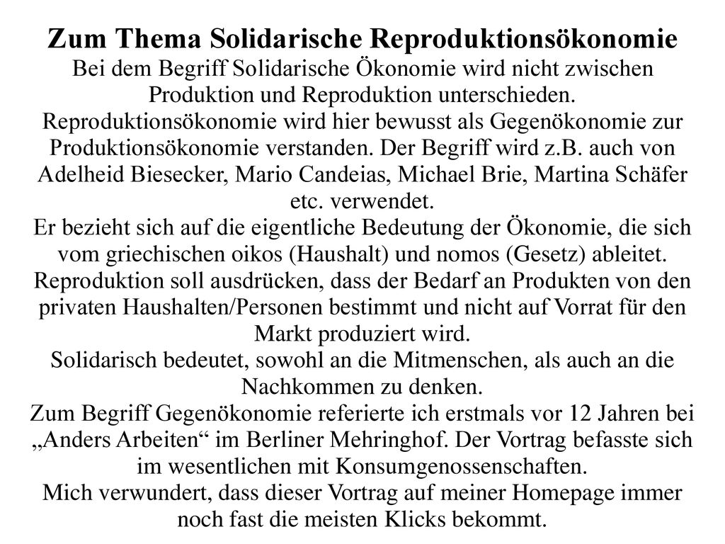 Zum Thema Solidarische Reproduktionsökonomie