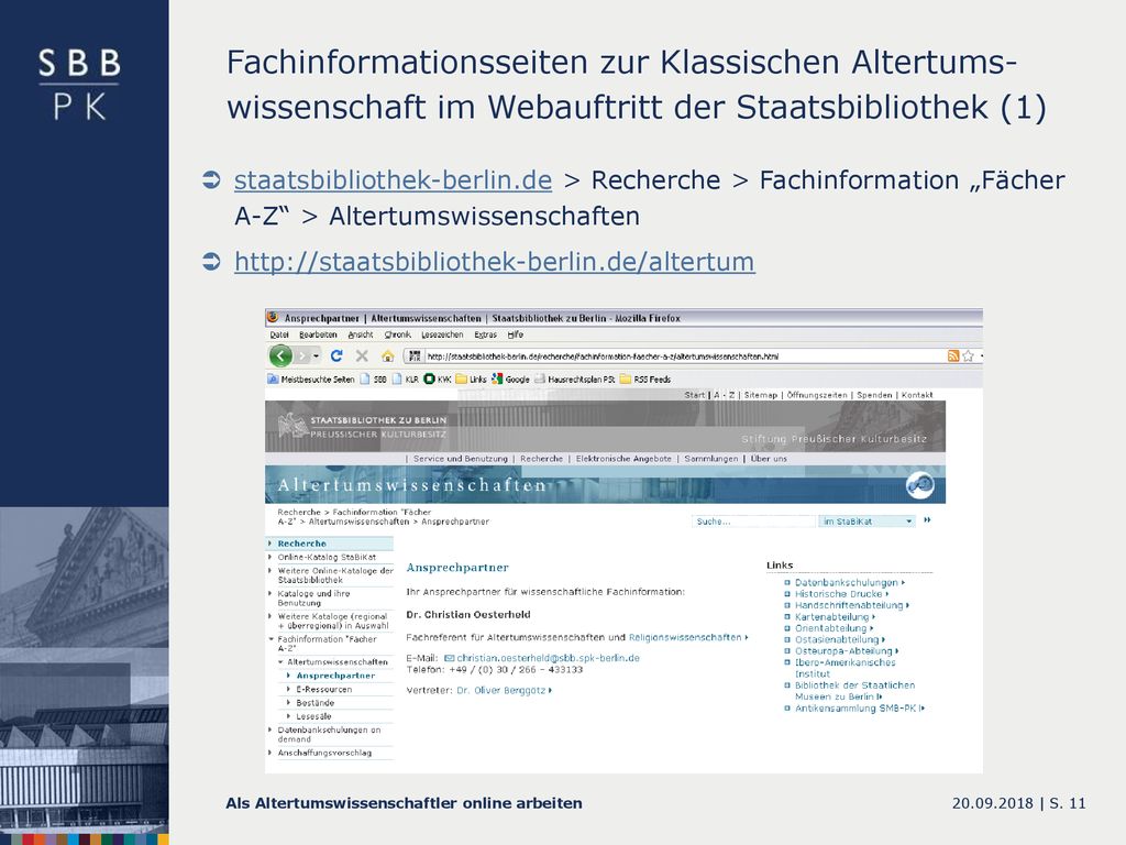 Fachinformationsseiten zur Klassischen Altertums-wissenschaft im Webauftritt der Staatsbibliothek (1)
