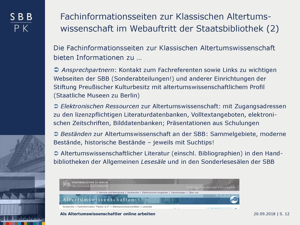 Fachinformationsseiten zur Klassischen Altertums-wissenschaft im Webauftritt der Staatsbibliothek (2)