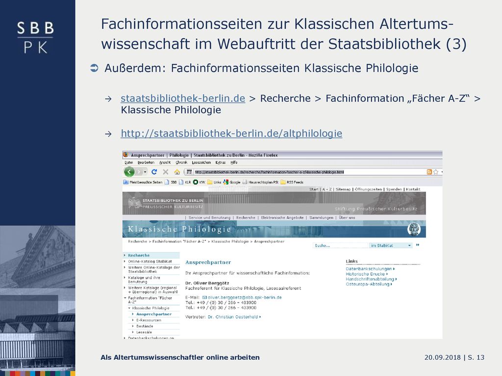 Fachinformationsseiten zur Klassischen Altertums-wissenschaft im Webauftritt der Staatsbibliothek (3)
