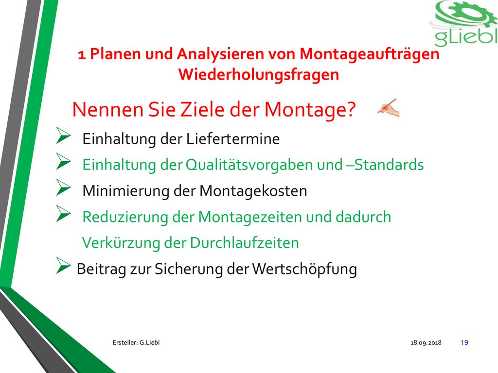 1 Planen und Analysieren von Montageaufträgen Wiederholungsfragen